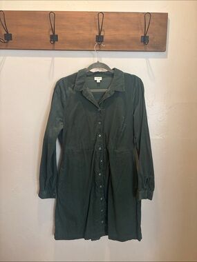 J. Crew Factory Forest Green Button-Front Long Sleeve Dress Corduroy